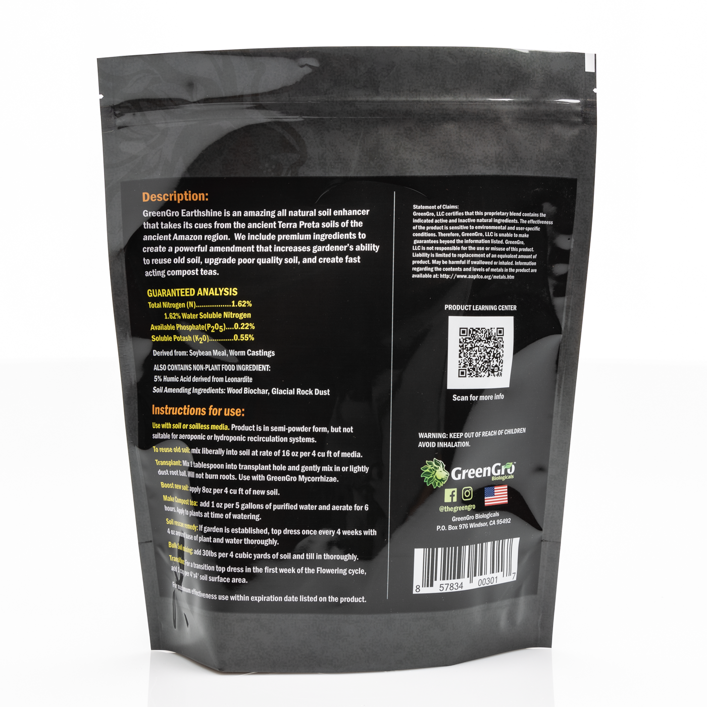 GreenGro Earthshine - Biochar & Humic Acid Blend/Activated Charcoal/Sequesters Carbon/Organic Soil Booster, Top Soil, Plant Food/Compost Tea Accelerator/Derived from Worm Castings
