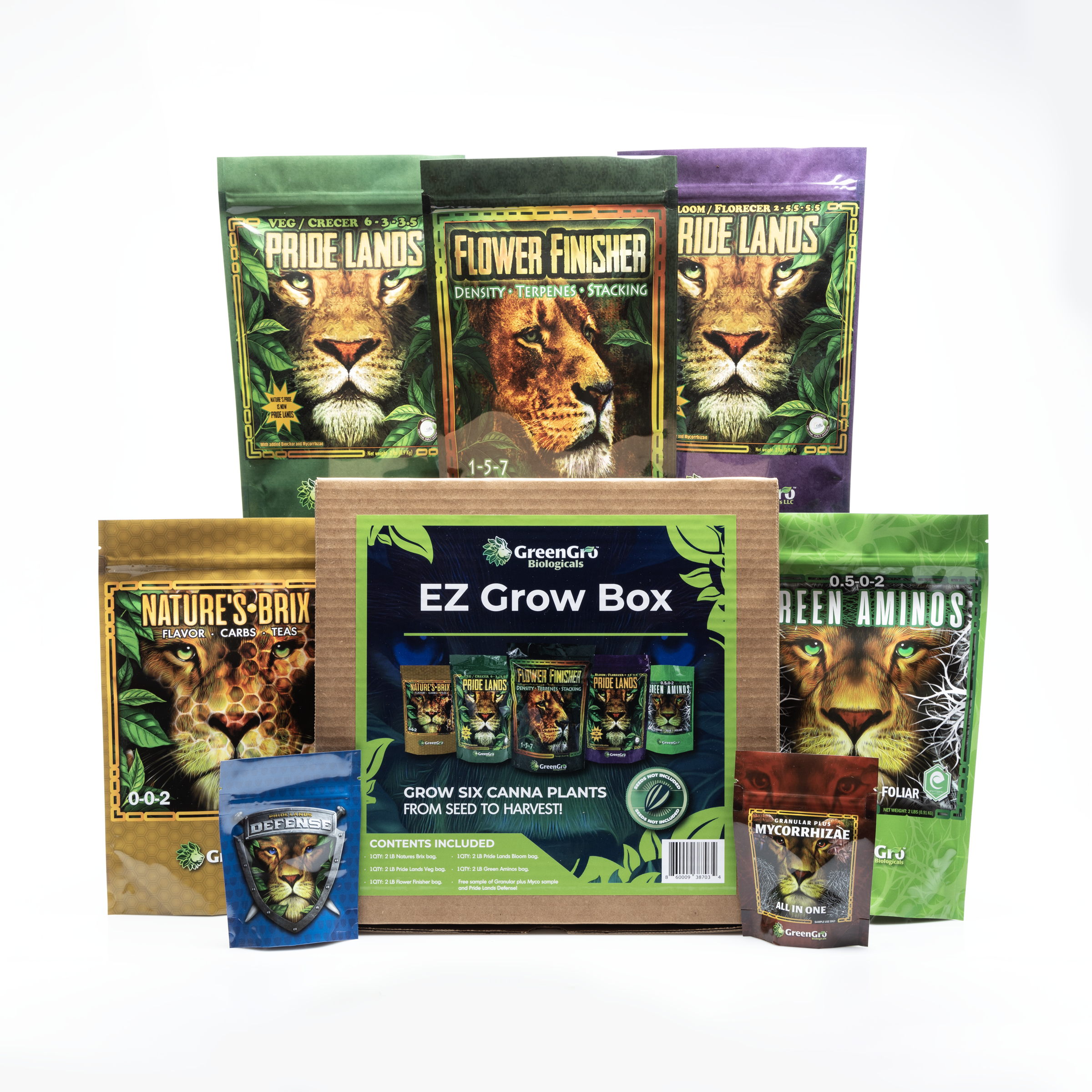 EZ Grow Box 2LB Veg, Bloom, Finisher, Brix, Green Aminos, Myco Sampler 2 oz + Extra Sample + Catalog with Guides + GreenGro Sticker